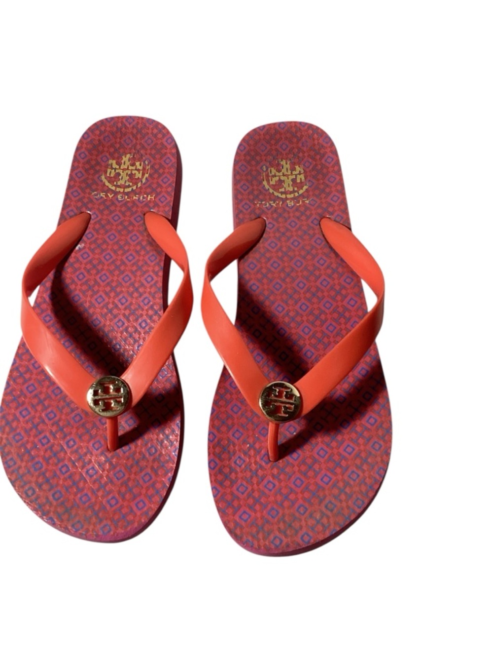 Tory Burch Coral-Red Patterned Logo Flip Flop Sandals